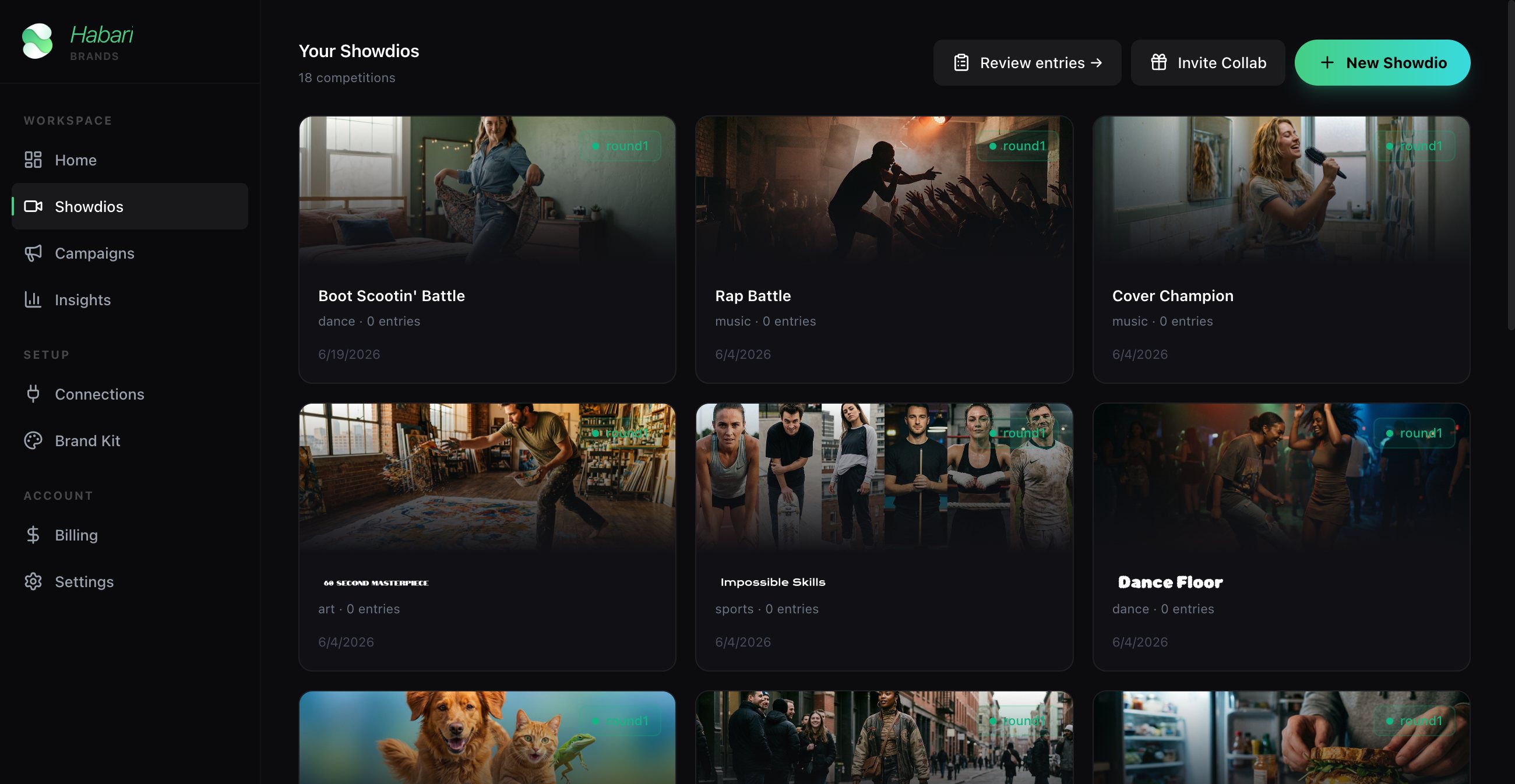 Showdio for Brands dashboard — a brand managing its live competitions